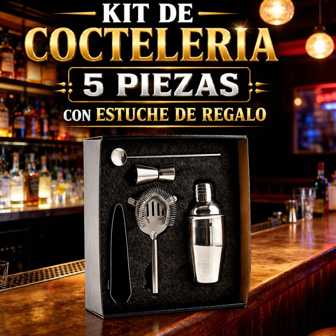 KIT DE COCTELERIA 5 PIEZAS CON ESTUCHE PREMIUM