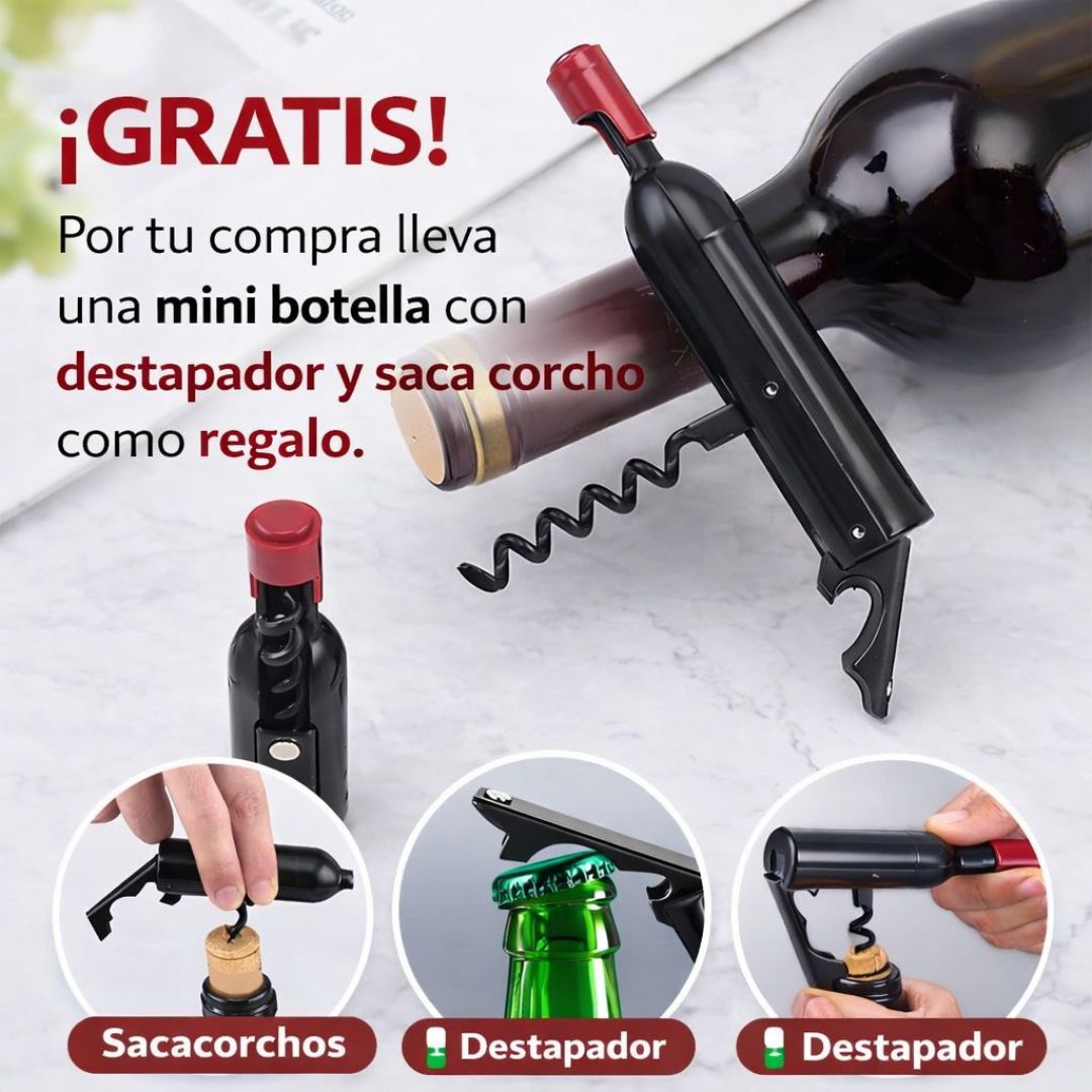 🍷 COMBO PREMIUM PARA VINO – EDICIÓN ESPECIAL 🎁 Llévate GRATIS tapón de seguridad + mini botella con sacacorcho